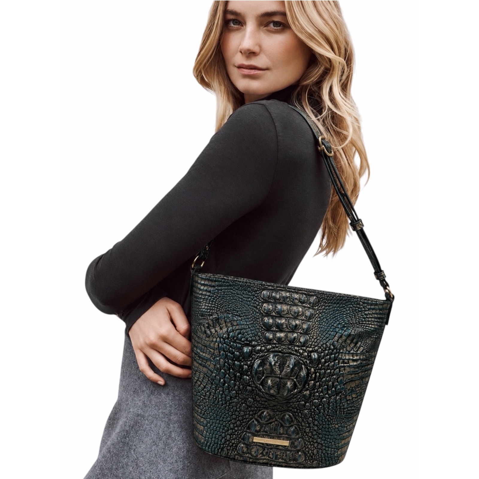 Brahmin Quinn Agata Melbourne Bucket Bag Metallic Green